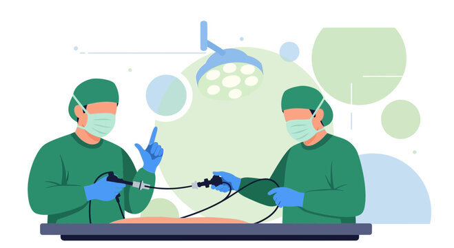 Surgeons Performing Laparoscopic Surgery with Instruments Under Surgical Light