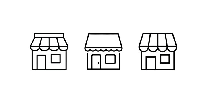 storefront icons set representing retail shops businesses and commercial buildings with awnings for shopping and trade concepts