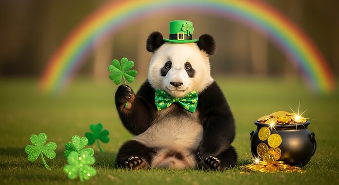 Panda bear in St. Patricks hat.
