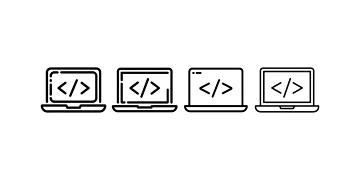 Set of four black outline vector icons of laptop computers displaying code symbols, isolated on a white background