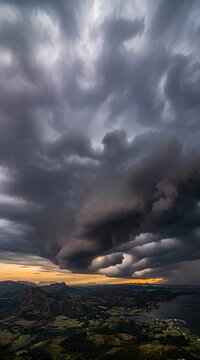 Dramatic Cloud Formation over Hilly Terrain at Dusk with a Sunlit Horizon