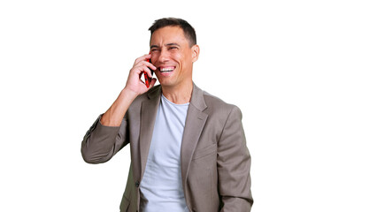 Man laughing and speaking on a mobile phone on transparent background