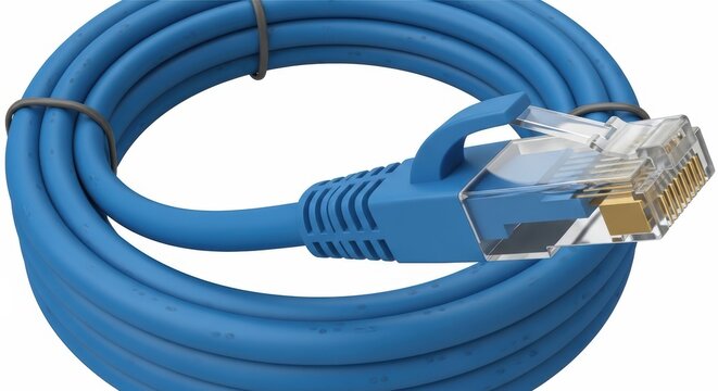 Blue Ethernet network cable with RJ45 connector, coiled cat5e internet patch cord, high speed data transfer wire for telecommunications and IT infrastructure