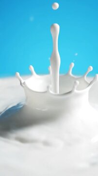 Milk splash crown formation liquid dairy freshness isolated blue background