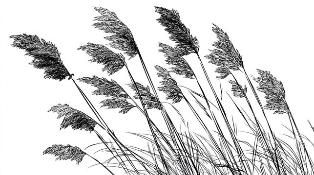 Black and white illustration of tall, feathery grass swaying in the wind