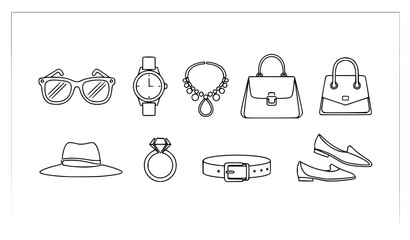 Minimal fashion accessories line icon set jewelry sunglasses watch shoes vector modern elegant silhouette design © Hazara