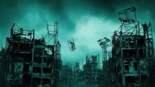 A desolate cityscape with destroyed buildings under a cloudy turquoise sky, post-apocalyptic scene