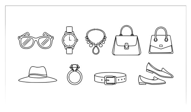 Minimal fashion accessories line icon set jewelry sunglasses watch shoes vector modern elegant silhouette design