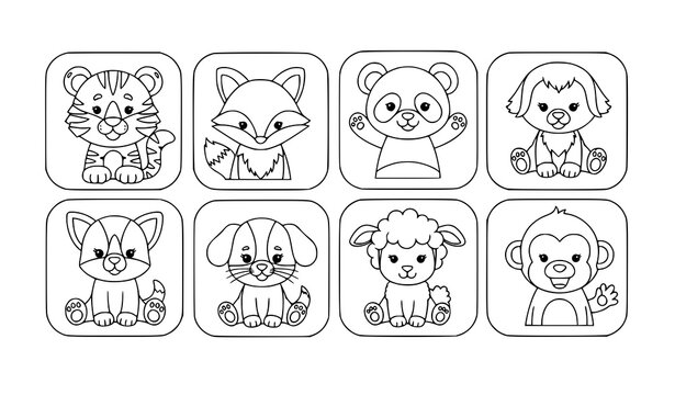 Cute animal coloring page with wild and domestic animals in rounded boxes outline cartoon vector for kids tiger fox panda puppy