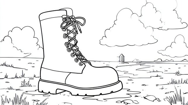 Line art illustration of a tall boot standing in a wet landscape, with clouds overhead