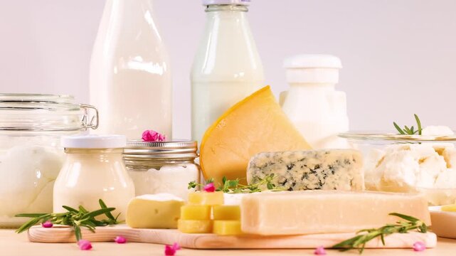 A motion of fresh dairy products including milk bottles, various cheeses, and butter arranged on a wooden surface with herbs and small flowers.