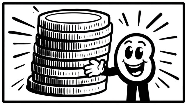 Cartoon character with coins, showing savings and wealth. A smiling character beside a coin stack