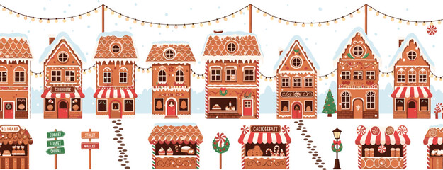 Fototapeta premium Festive Gingerbread Village Set with Snow, Lights, and Holiday Decorations for Christmas, Winter, and Food Themed Designs, Vector Illustration