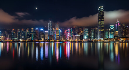 Obraz premium A stunning nighttime panorama of a modern city skyline illuminated by countless lights, with reflections shimmering on the calm water below.