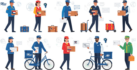 Obraz premium Diverse Postal Workers Set with Delivery Bags, Bicycles, and Packages for Shipping, Logistics, and Delivery Service Themed Designs, Vector Illustration