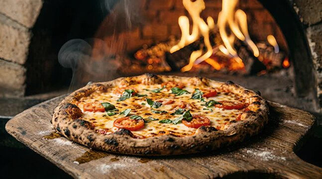 Fresh Pizza with Tomatoes and Basil on Wooden Peel Against a Fire Brick Oven with Flames