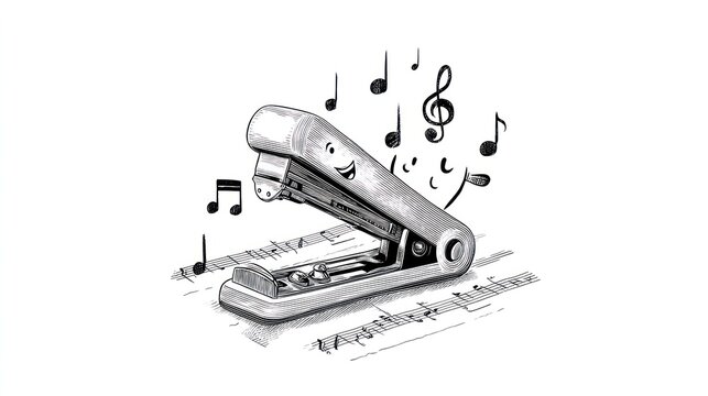 A cartoon-style stapler with musical notes around it, resembling sound emanating