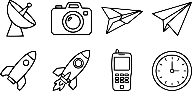 Set of simple line including satellite dish camera paper airplanes rockets phone and clock