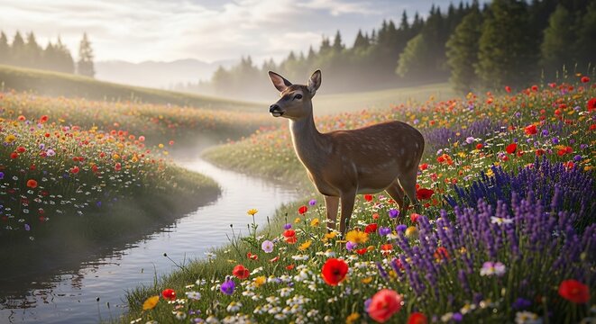 Deer standing by a river in a field of wildflowers.