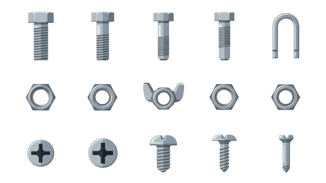 Industrial fasteners collection featuring various metal bolts nuts and screws in flat cartoon style.