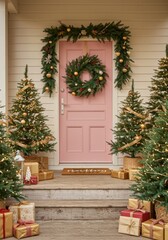 Fototapeta premium Pink Front Door with Christmas Wreath and Glowing Trees on a Wooden Porch Floor for Seasonal Greeting Card and Cozy Home Decor Magazine Editorial