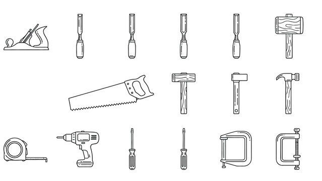 Woodworking and carpentry tools line icons set featuring saw drill chisels and clamps in minimalist style.