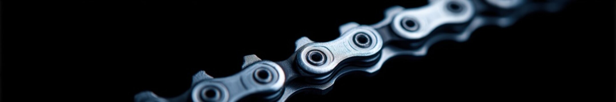 Close up of clean silver bicycle chain on dark background showing industrial detail metal links macro mechanical bike part