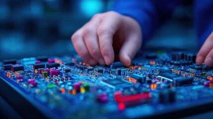 Fototapeta premium Engineer hands assembling electronic circuit board for advanced computer hardware development precision microelectronics repair soldering technology maintenance