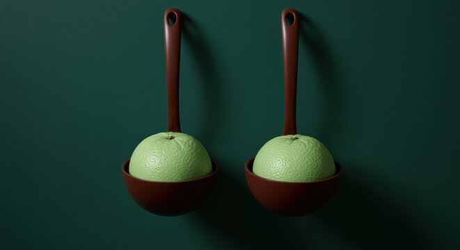 Two mint green oranges resting in brown metal ladles against a dark forest green background, creative food art for health awareness with ample copy space