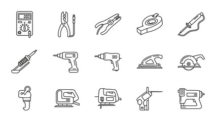 Fototapeta premium Line art icons depicting various power tools and hand tools.