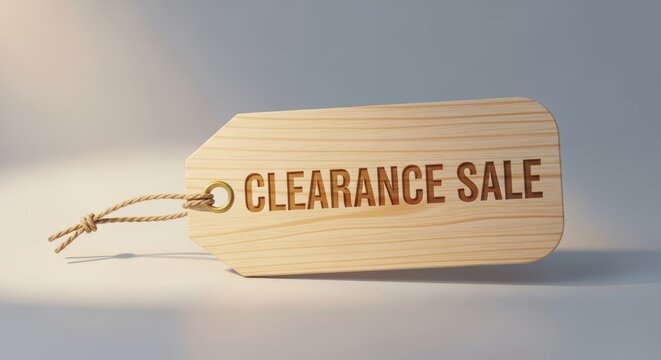 Clearance sale wooden price tag with string, rustic timber retail label for discount promotion, minimalist wood merchandise tag on neutral background