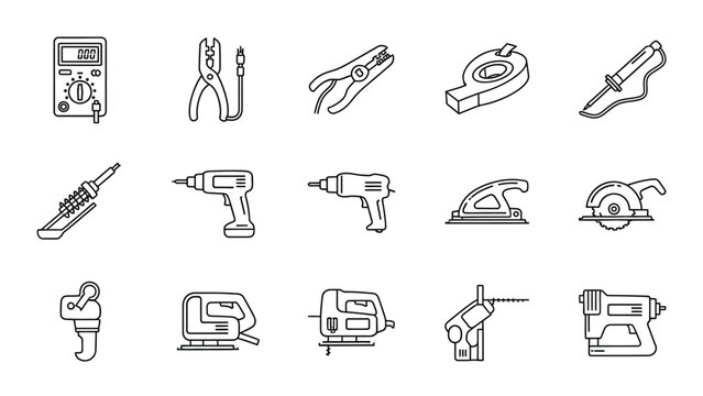 Line art icons depicting various power tools and hand tools.