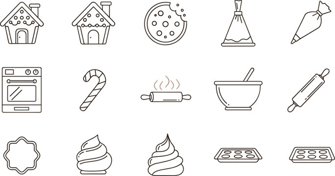 Baking and Cooking Icon Set Featuring Gingerbread House, Cookie, Oven, and Baking Tools for Food, Kitchen, and Holiday Themed Designs, Vector Illustration