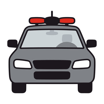 Vector graphic of a gray police car with red lights on top, facing forward.