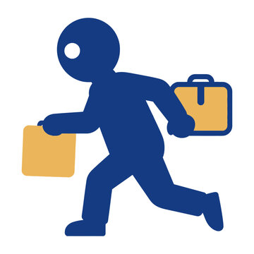 Vector graphic of a person running with a briefcase and folder in a busy office setting.