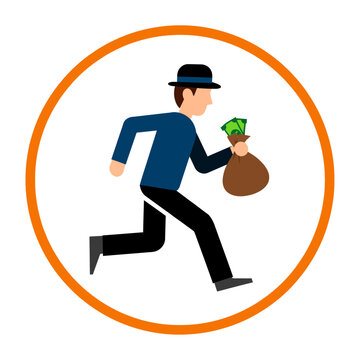 Vector of a man running away with a bag of money in a circular orange frame.