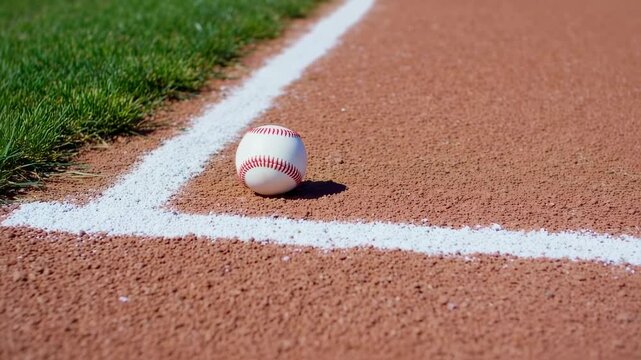 A baseball resting on the infield dirt near the first baseline, ready for play