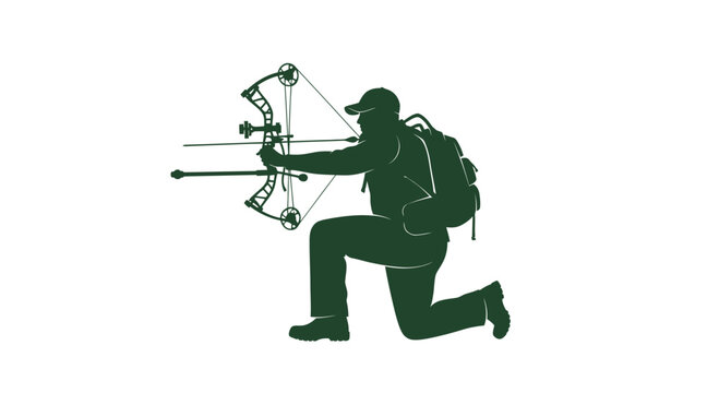 Archer Silhouette with Compound Bow and Arrow on White Background