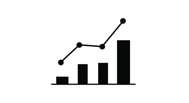 Minimalist vector graphic illustration showing a rising bar chart with a trend line for financial data