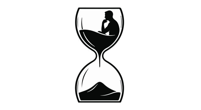 Man contemplating within an hourglass, symbolizing time passing and deep thought.