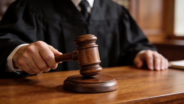 Judge holding gavel in courtroom