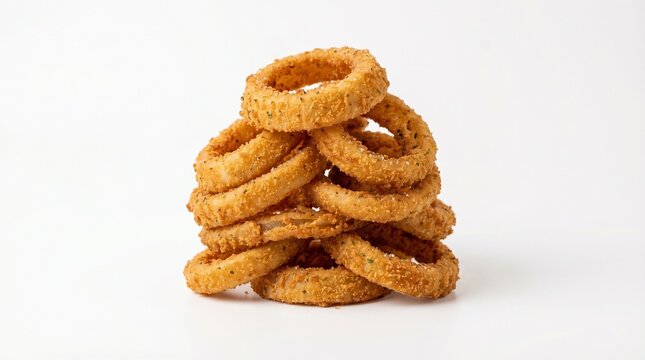 A visually appealing stack of golden-fried crispy onion rings, perfectly prepared and ready to be savored as a delicious American appetizer or snack, isolated against a pristine white background