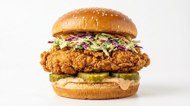 Delicious Crispy Fried Chicken Sandwich with Fresh Coleslaw and Pickles on a Sesame Seed Bun