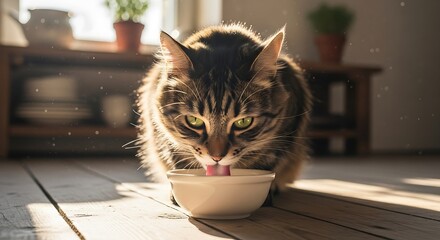 Tabby cat eating from bowl indoors.