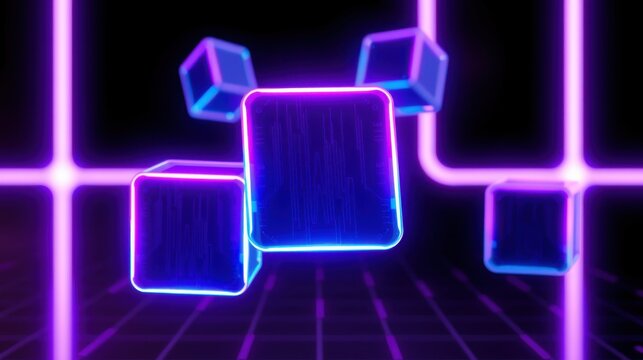 Neon cubes float above grid floor. Bright purple, blue lights create futuristic scene. Minimalist design, dark background.