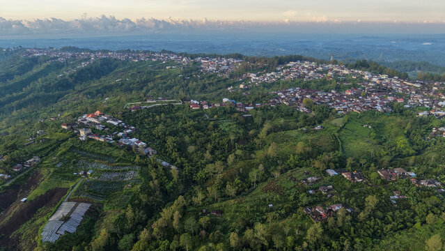 Aerial View of Kintamani Highland Village with Green Terraced Fields in Bali