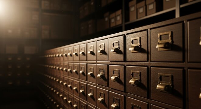 Rows of Antique Wooden Drawers with Brass Pulls in a Vintage Storage Cabinet