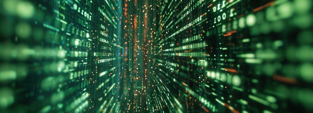 Digital Tunnel: A dynamic digital tunnel, awash in vibrant green hues, illustrates the speed and complexity of the digital realm, showcasing a mesmerizing display of data flow and interconnectedness.
