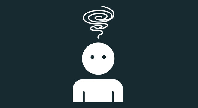 A simple white icon of a person with a swirling vortex above their head, representing confusion or a troubled mind.
