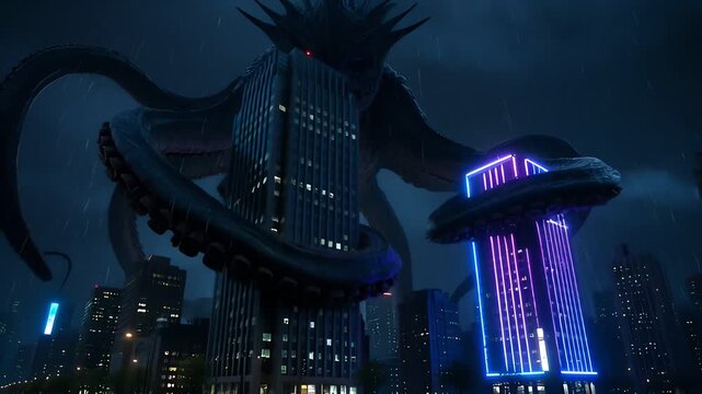 Gigantic tentacle monster wrapping around city skyscrapers at night